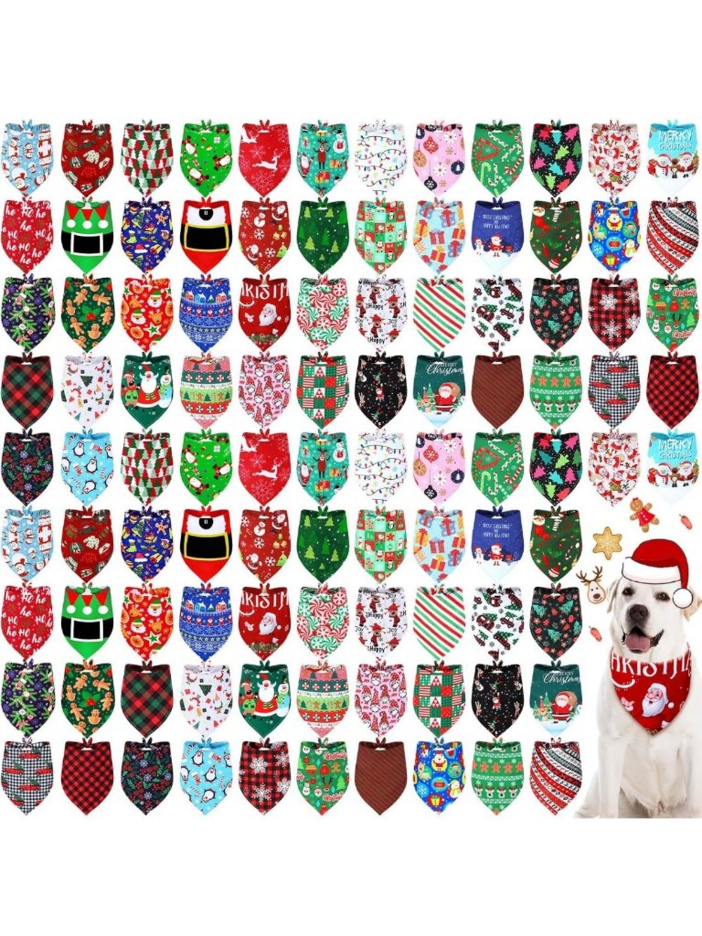 100 Pcs Adjustable Christmas Dog Bandanas for XLarge Dogs - Holiday Pet